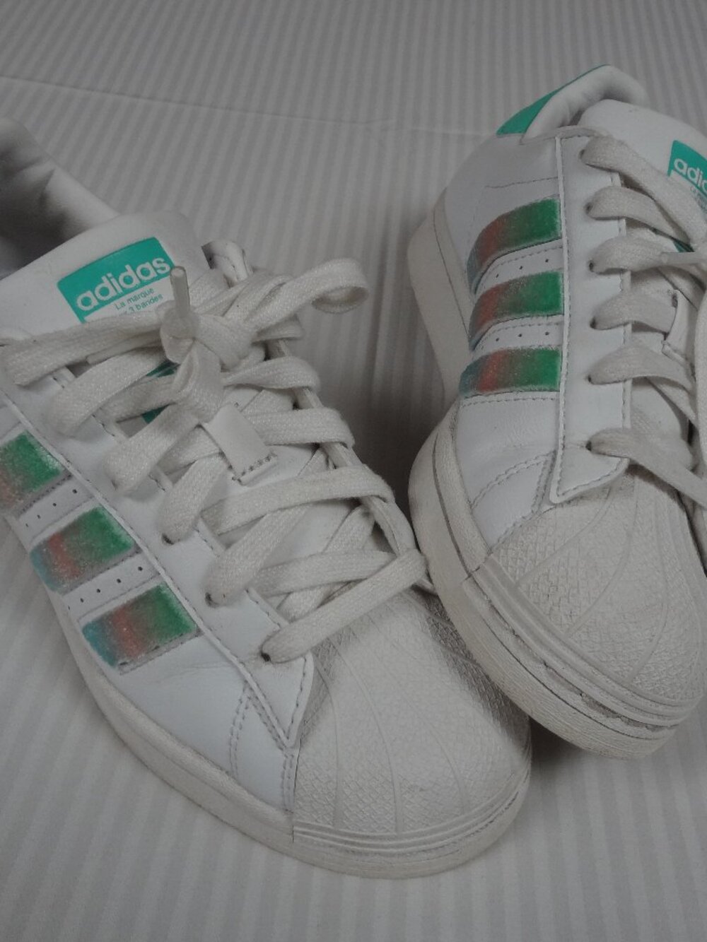 ADIDAS ORIGINALS SUPERSTAR FLUFFY STRIPES MINT GREEN SNEAKERS YOUTH 6 WOMENS 7.5